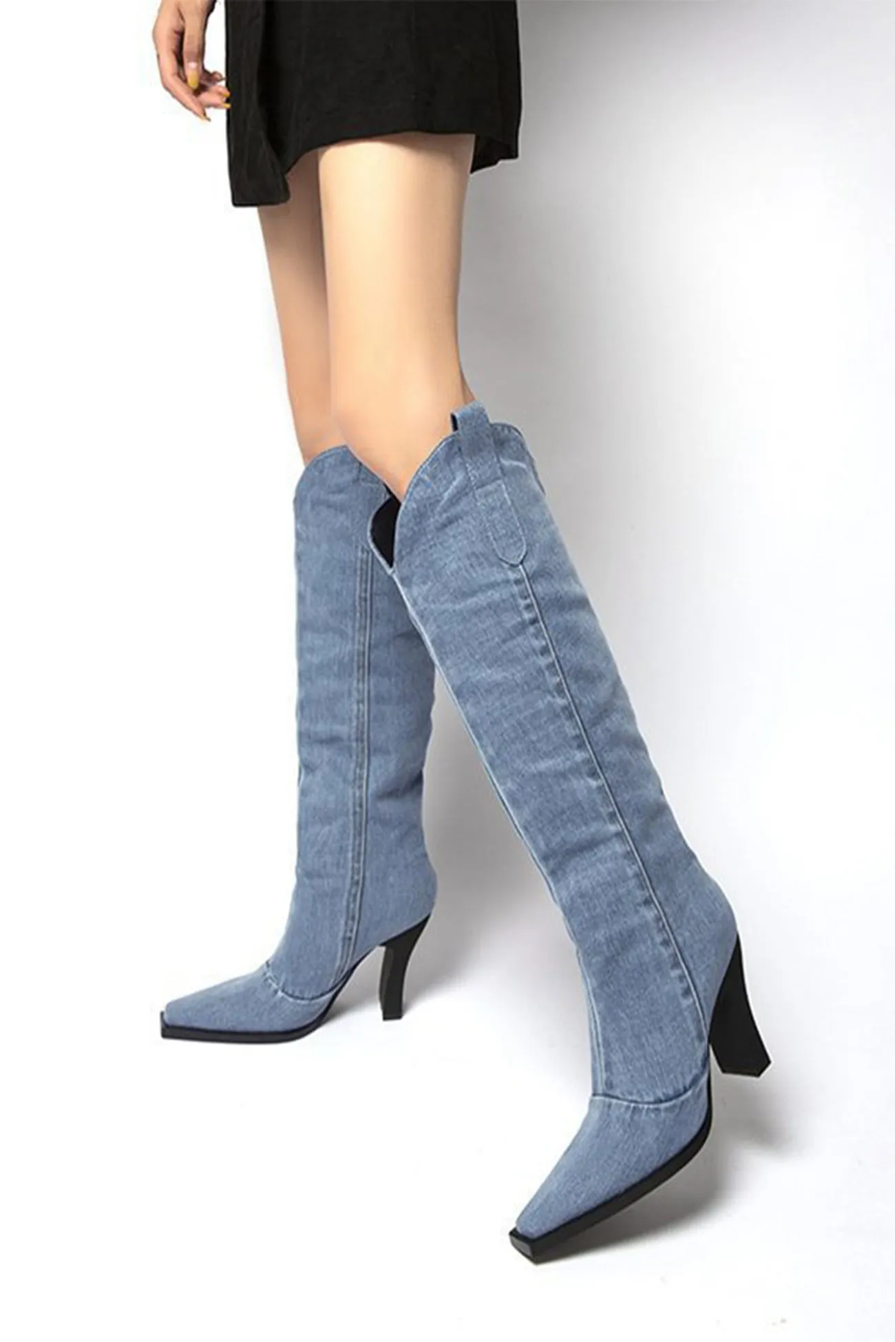 Amozae-Blue Pointed-Toe Knee-High Denim Boots