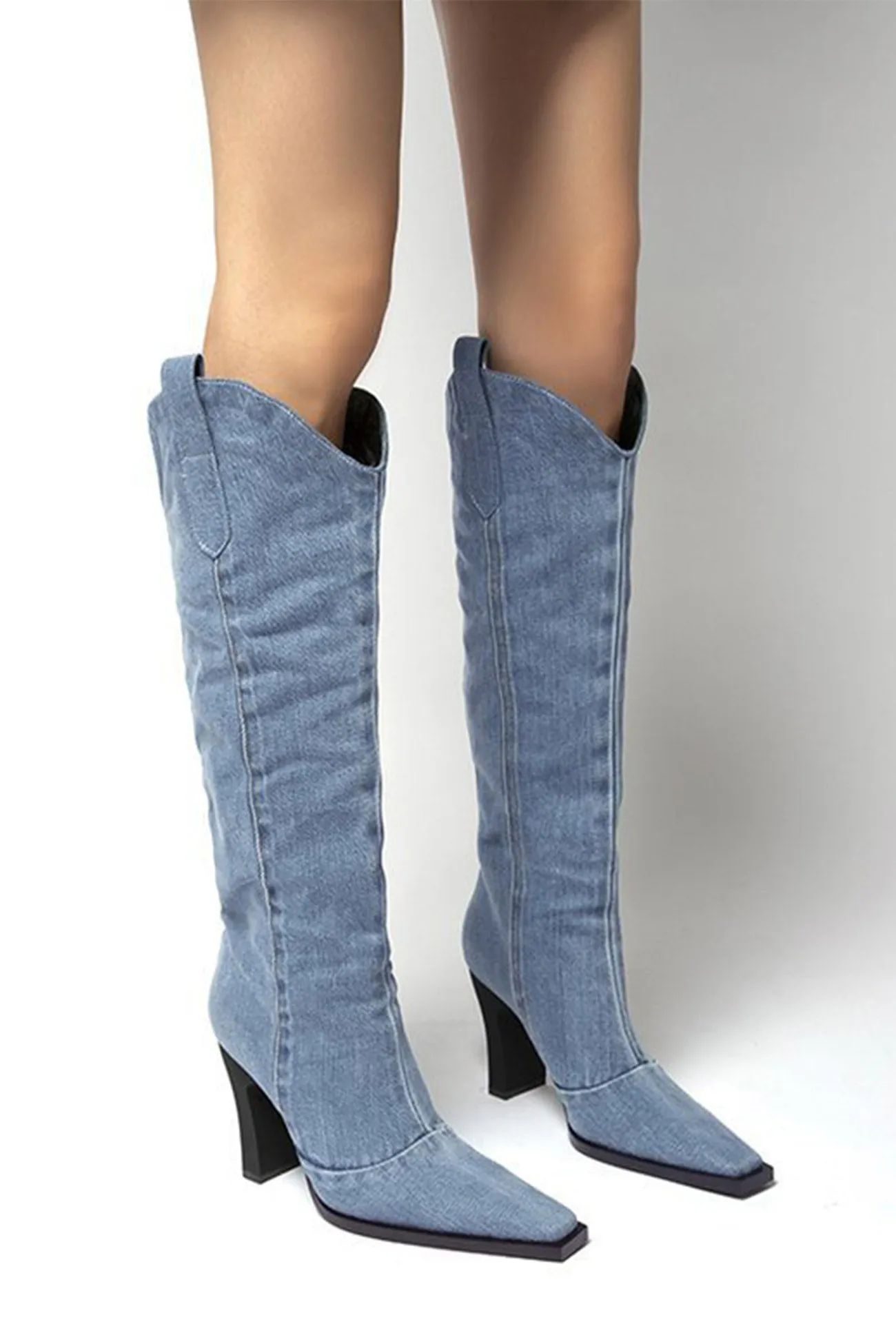 Amozae-Blue Pointed-Toe Knee-High Denim Boots