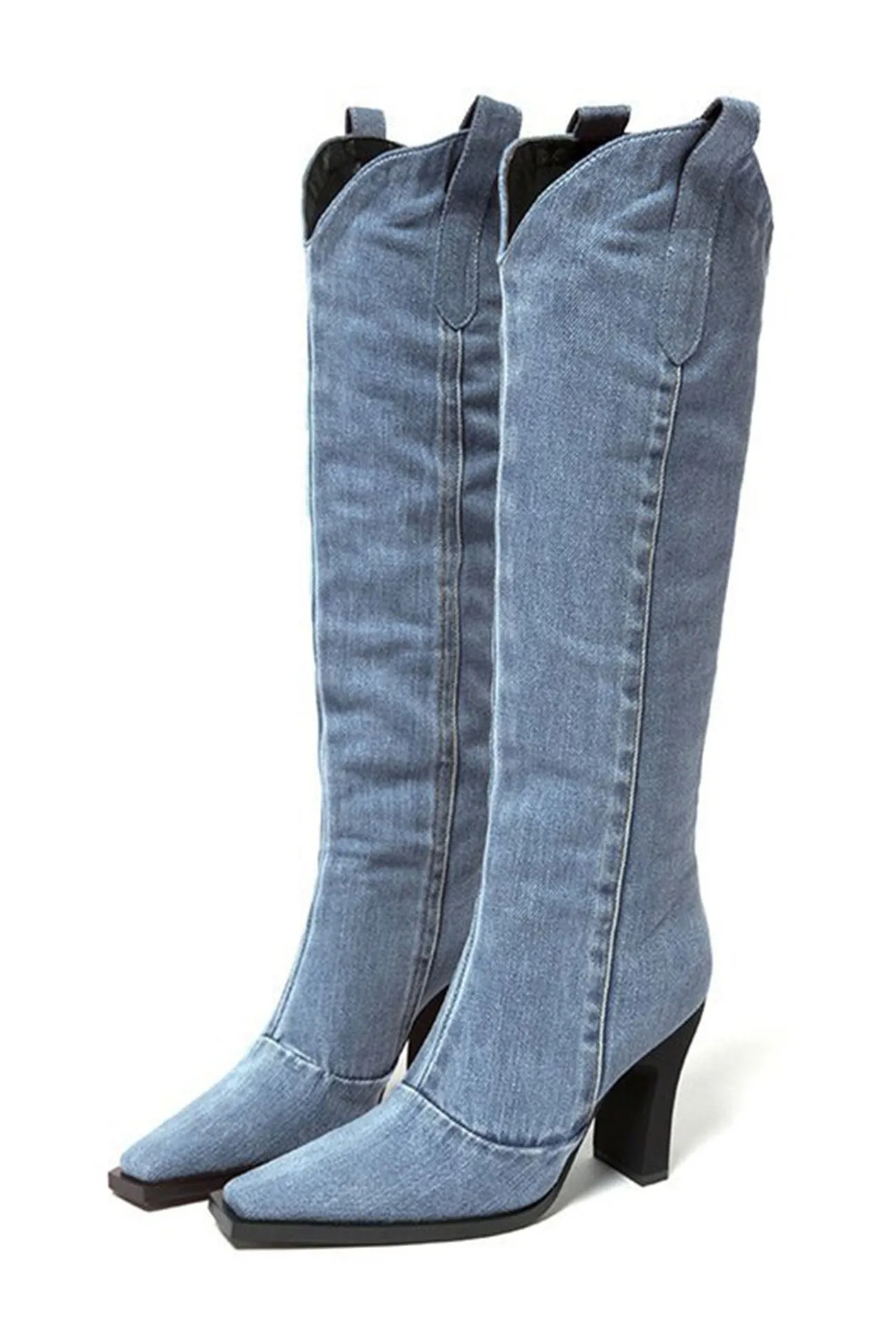 Amozae-Blue Pointed-Toe Knee-High Denim Boots