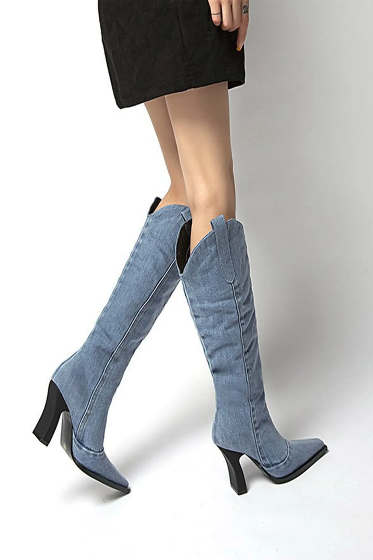 Amozae-Blue Pointed-Toe Knee-High Denim Boots