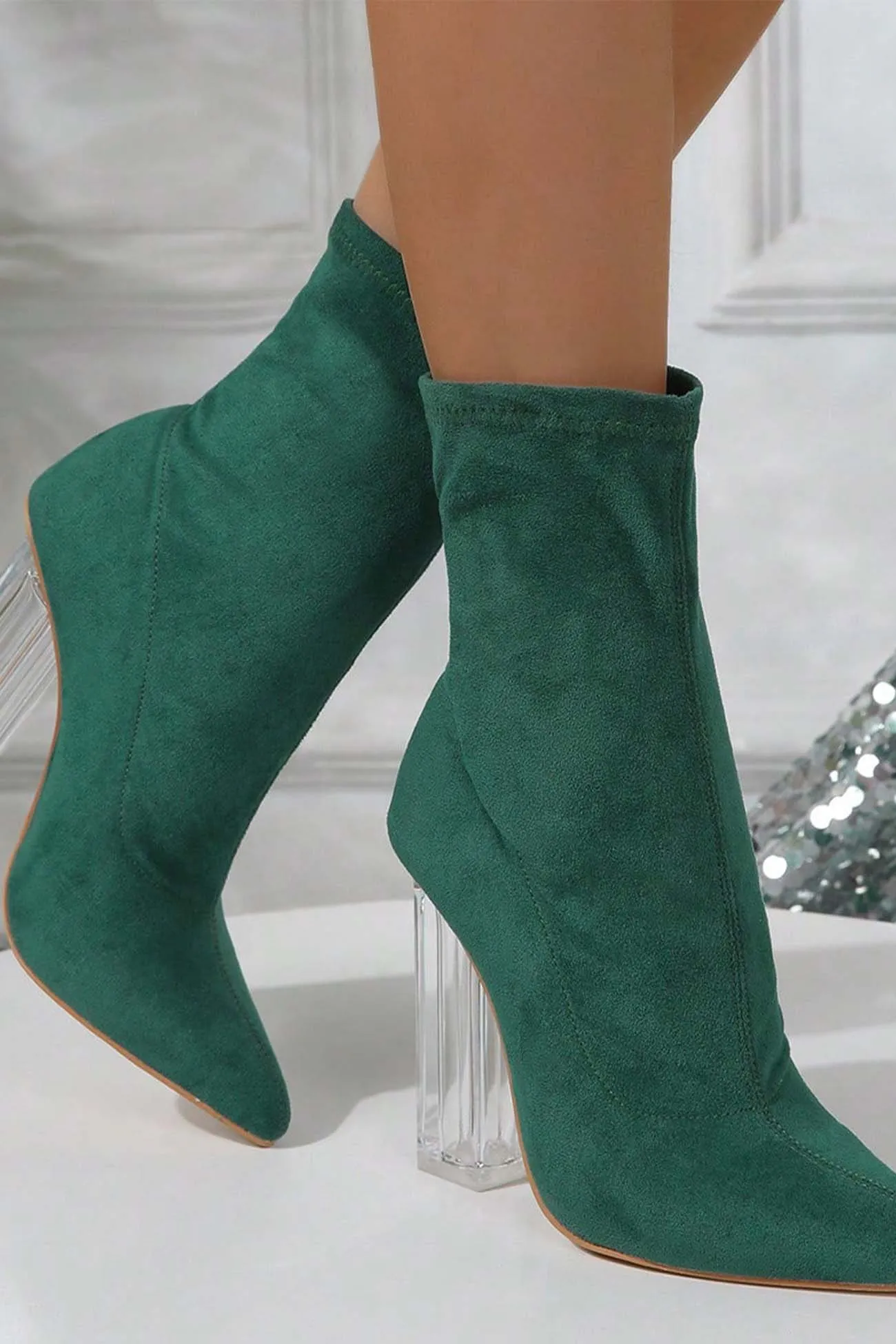 Amozae-Crystal Heel Stretch Mid Calf Skinny Boots