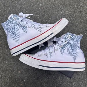 Blue Lace Pattern White High Tops - Casual Comfortable Wedding Shoes - Custom Converse Shoes