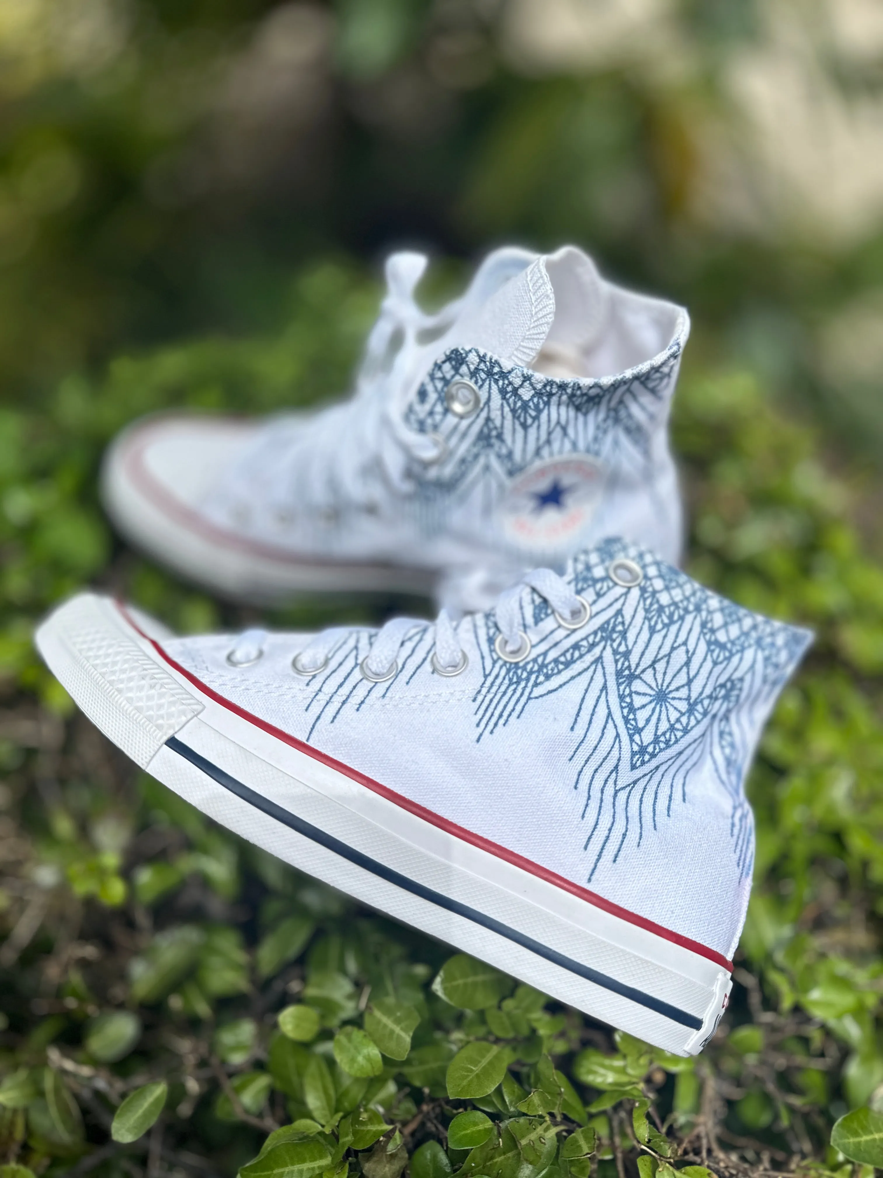 Blue Lace Pattern White High Tops - Casual Comfortable Wedding Shoes - Custom Converse Shoes