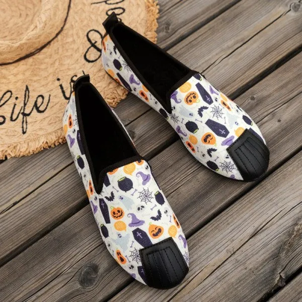 deanwangkt - Halloween Cream White Casual Patchwork Printing Round Comfortable Flats Shoes