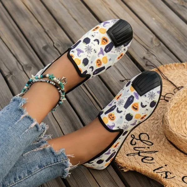 deanwangkt - Halloween Cream White Casual Patchwork Printing Round Comfortable Flats Shoes