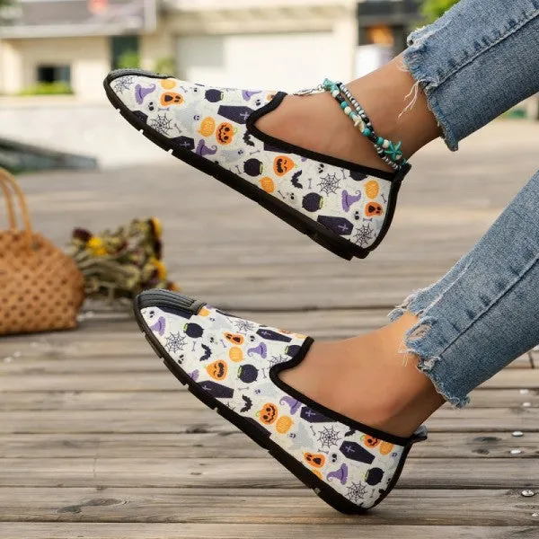 deanwangkt - Halloween Cream White Casual Patchwork Printing Round Comfortable Flats Shoes