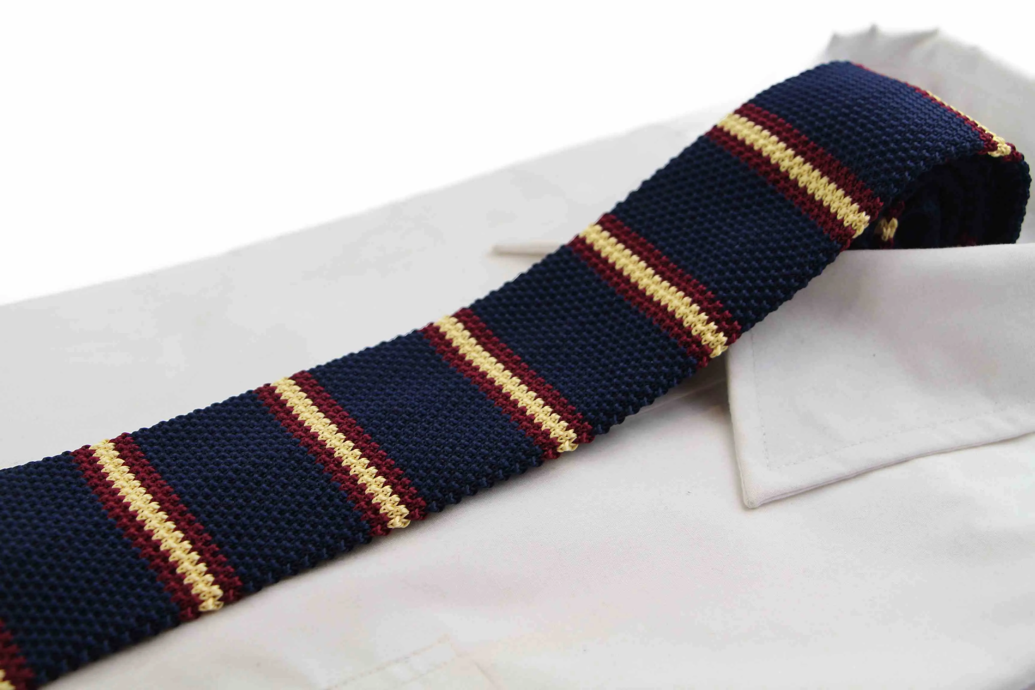 Knitted Navy, Yellow & Maroon Striped Patterned Neck Tie