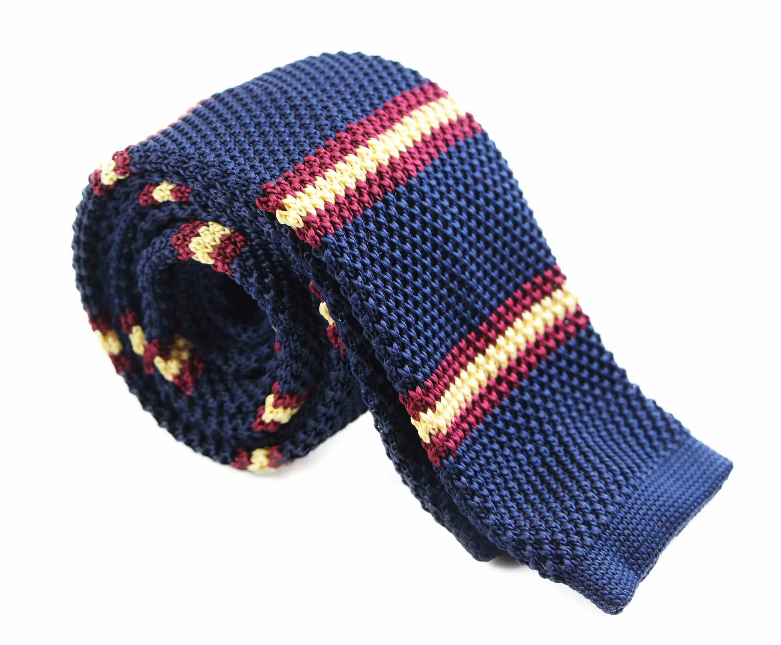 Knitted Navy, Yellow & Maroon Striped Patterned Neck Tie