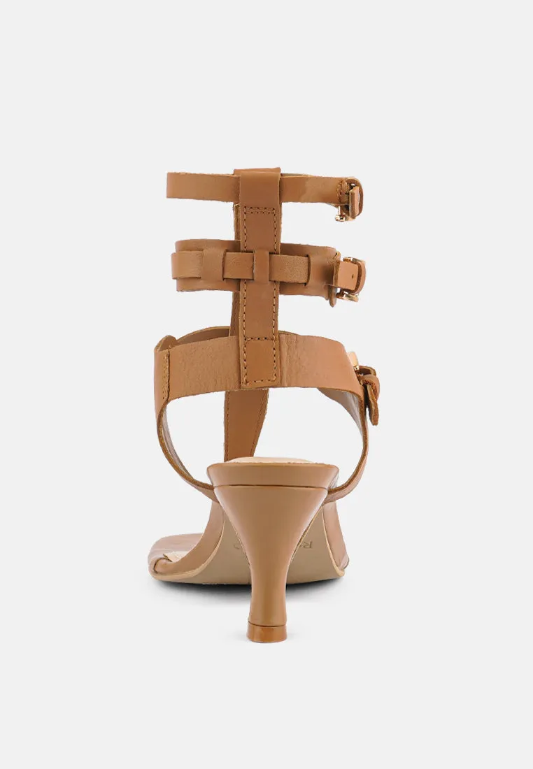 NEREID Tan Kitten Heel Cut Out Gladiator Sandals