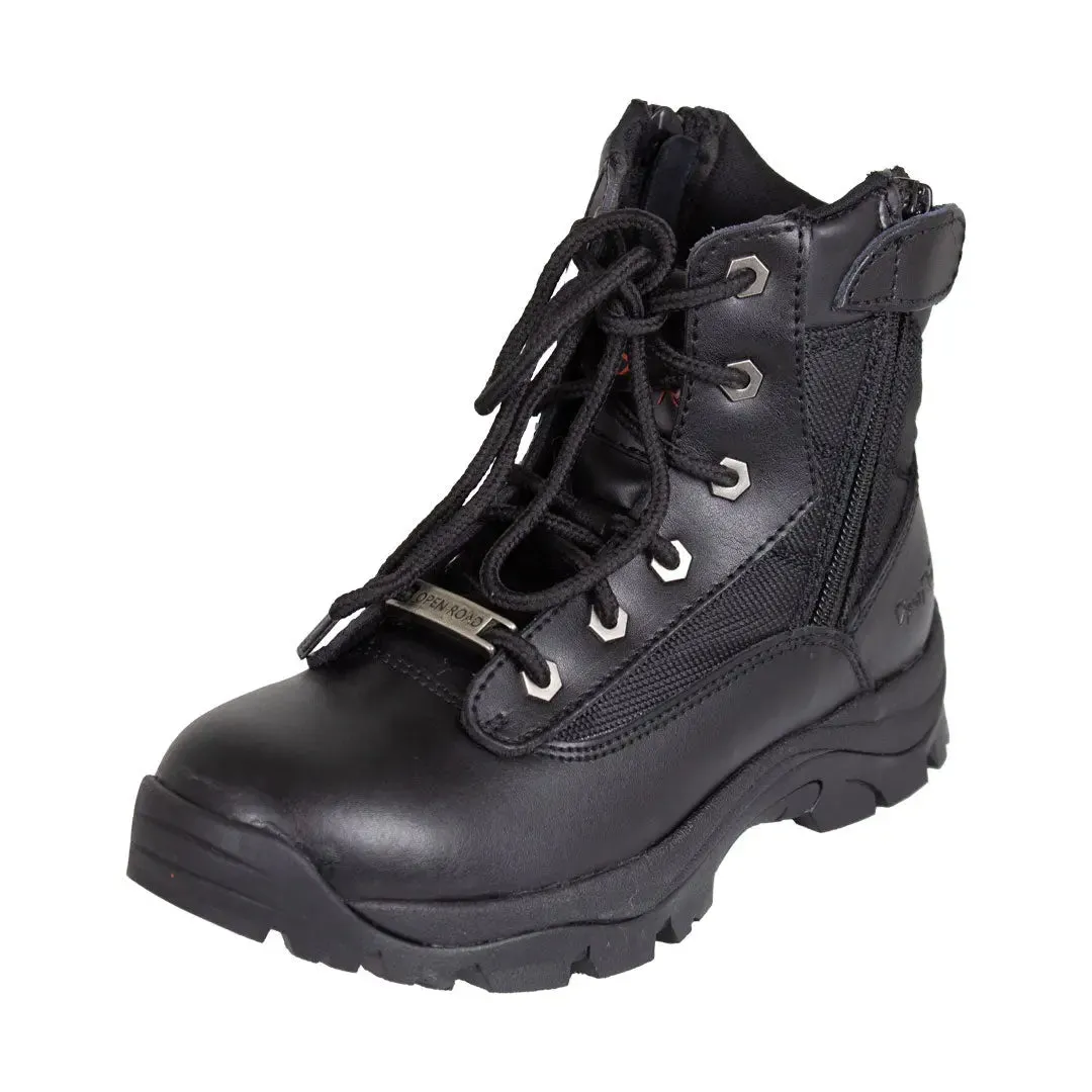 Open Road Women's Black Leather Tactical Lace-Up Boots with Side Zippers Entry