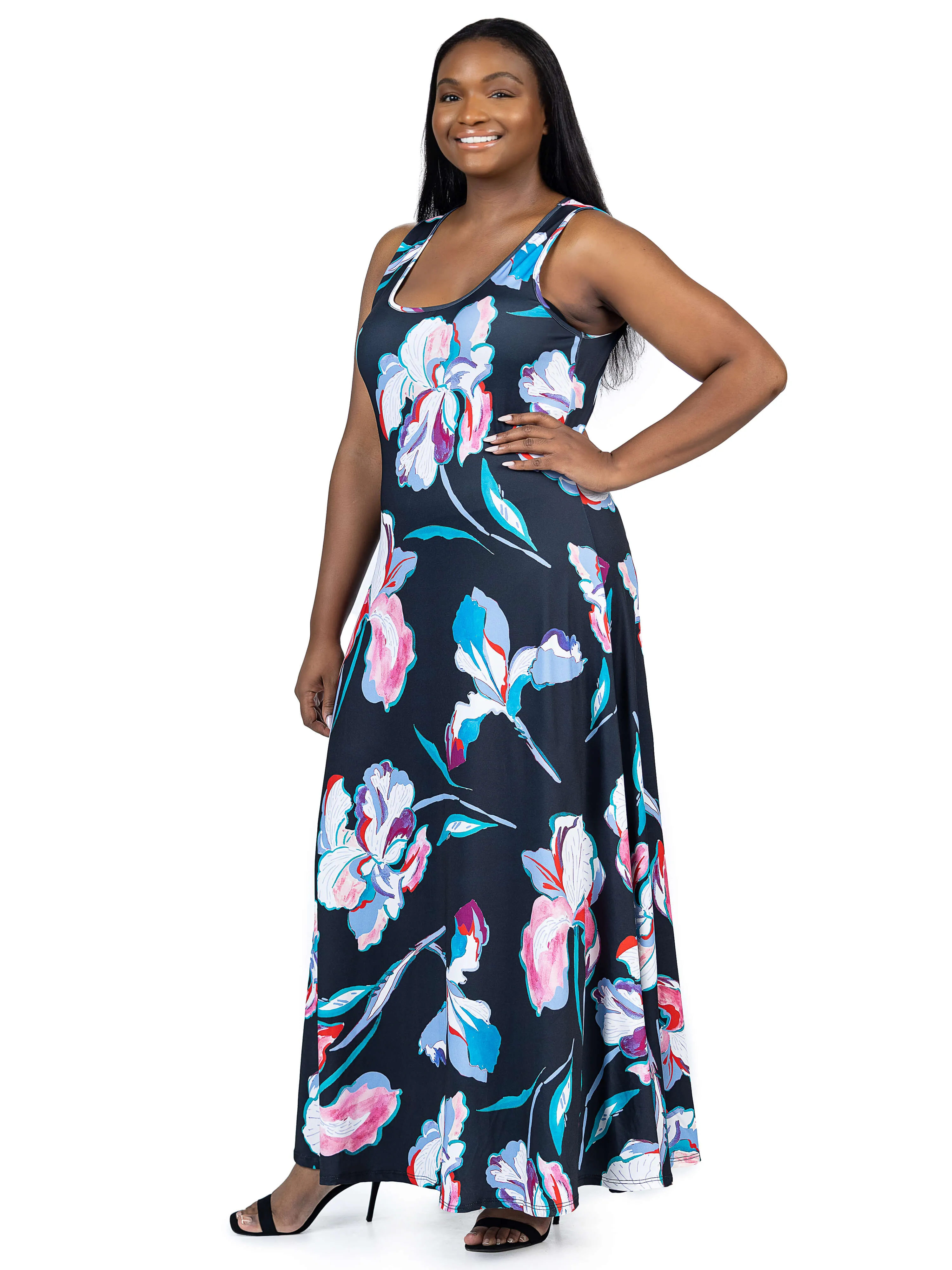 Plus Size Black Floral Print Scoop Neck A Line Sleeveless Maxi Dress