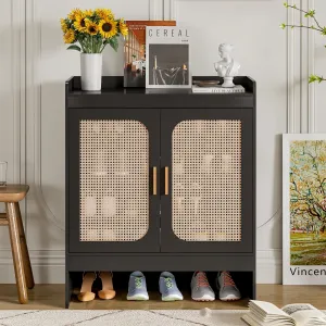 relaxed Shoe Storage Cabinet for Entryway, Rattan Shoe Rack Storage Organizer, Shoe Closet with Doors