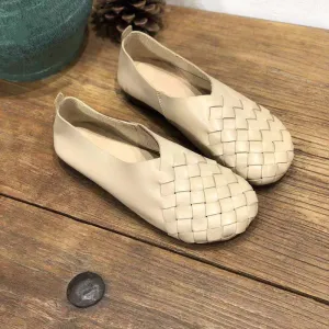 Retro Woven Soft Leather Flats For Women Round Toe In Beige/Black/Green/Coffee