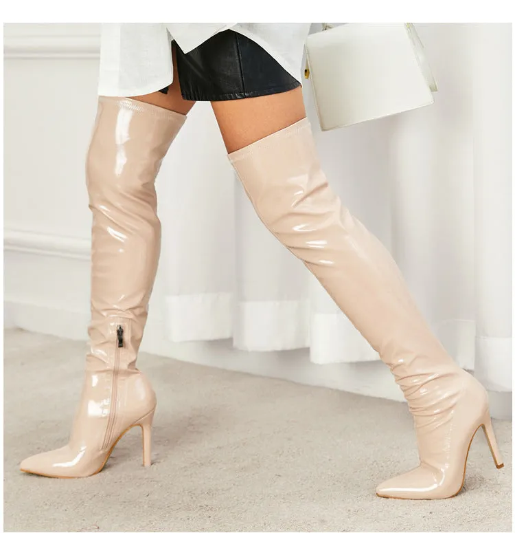 Soft Patent Leather Elastic Over Knee Boots